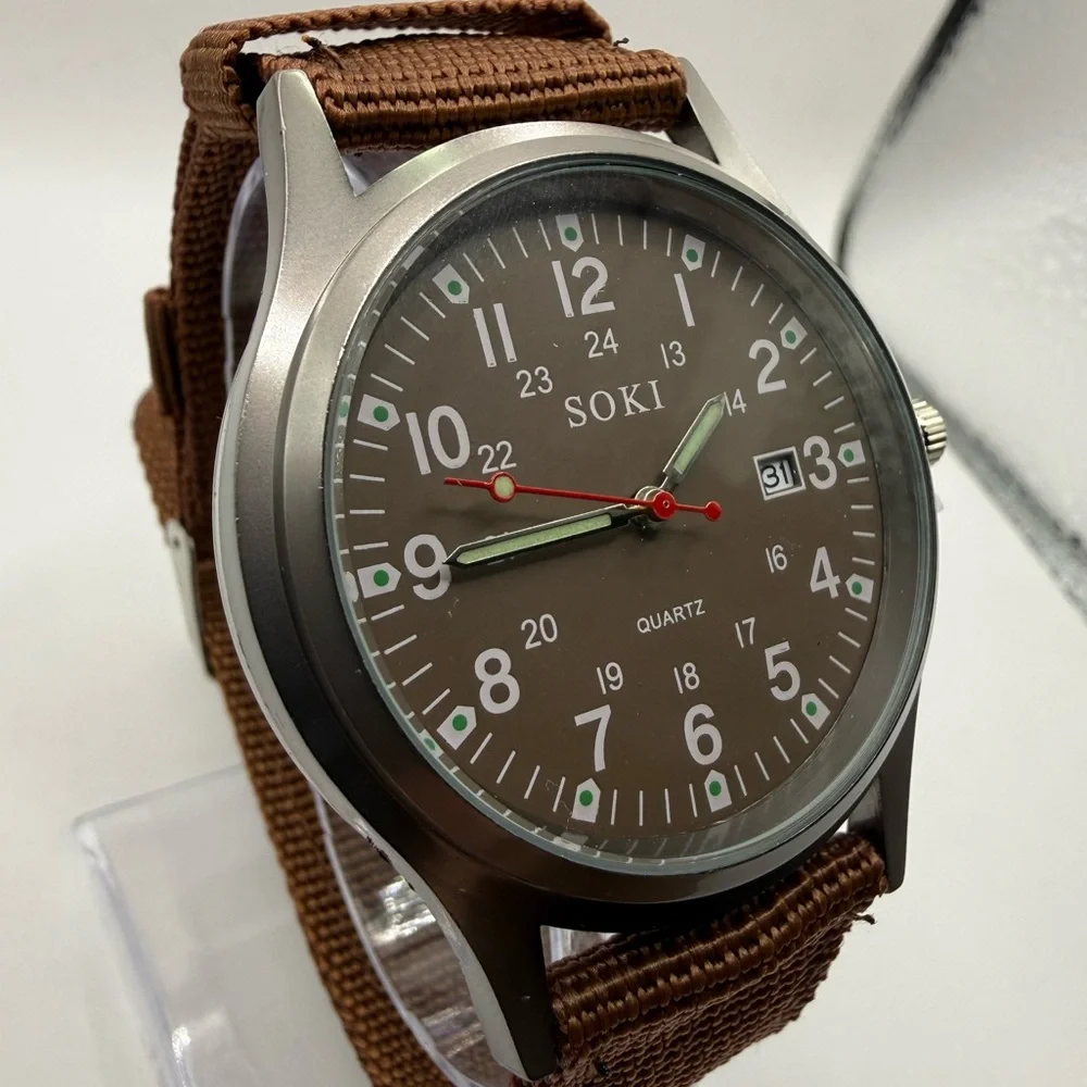 New Soki Canvas Brown Belt, Military Watch, Date Display, Men's (New Battery)